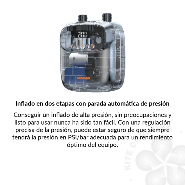 Inflador eléctrico Airbank Puffer Pro con doble etapa de inflado y 7 boquillas para tablas de SUP, wingfoil y kitesurf.